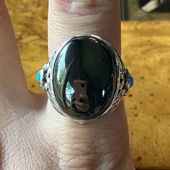 Natural Shungite Sleeping Beauty Turquoise Sterling Silver Cocktail Ring Size 9 - Picture 1 of 9